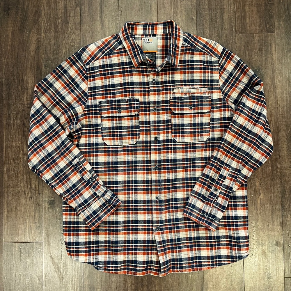 5.11 Tactical Shirt Mens L Red Blue Button Up Long Sleeve Flannel Utility Logo